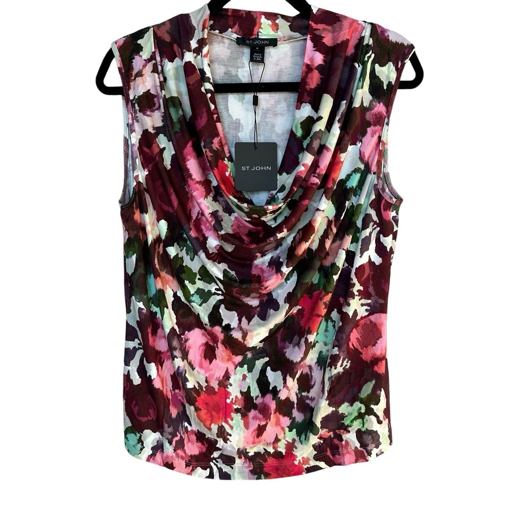 St John Blouse Top‎ Shirt Women's Medium Pink Floral Sleeveless Scoop Neck NWT